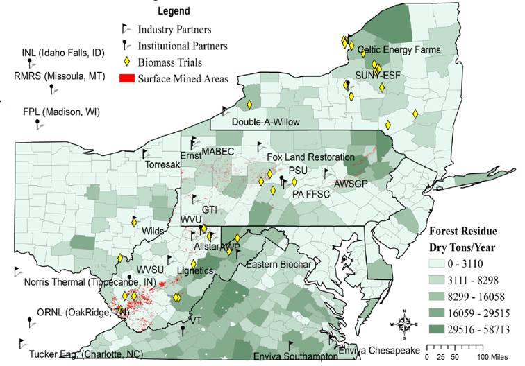 Map of Ohio, Pennsylvania, West Virginia, Maryland, Virtinia, and New York showing the amount of forest residue in dry tons per year by county, along with MASBio team locations