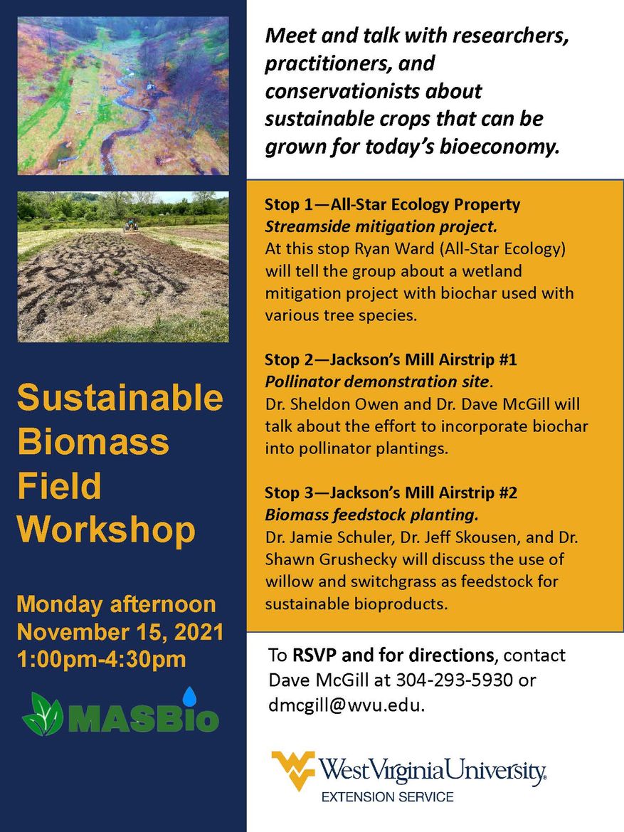 Flyer for upcoming sustainable biomass field workshop on Monday, November 15, 2021 at 1 - 4:30 pm. To RSVP and to get directions, call Dave McGill at 304-293-5930 or email him at dmcgill@wvu.edu 
